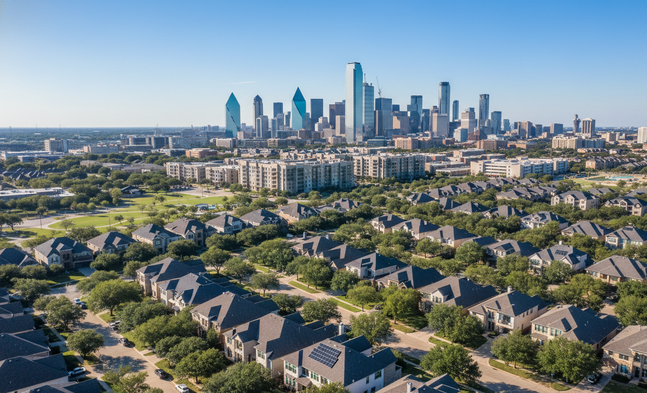 Daytime aerial drone view of Dallas residential neighborhood with modern homes and city skyline in the background.