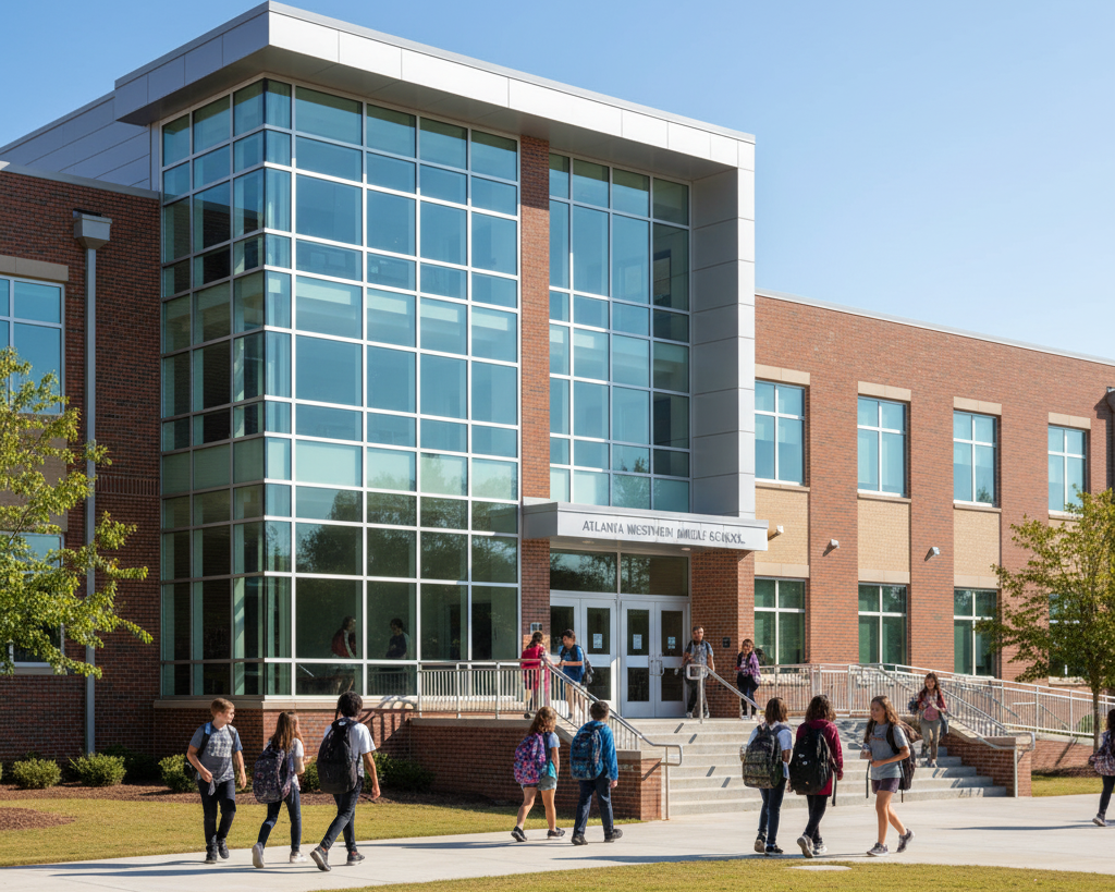 Atlanta school building with safety window film protecting classrooms and students